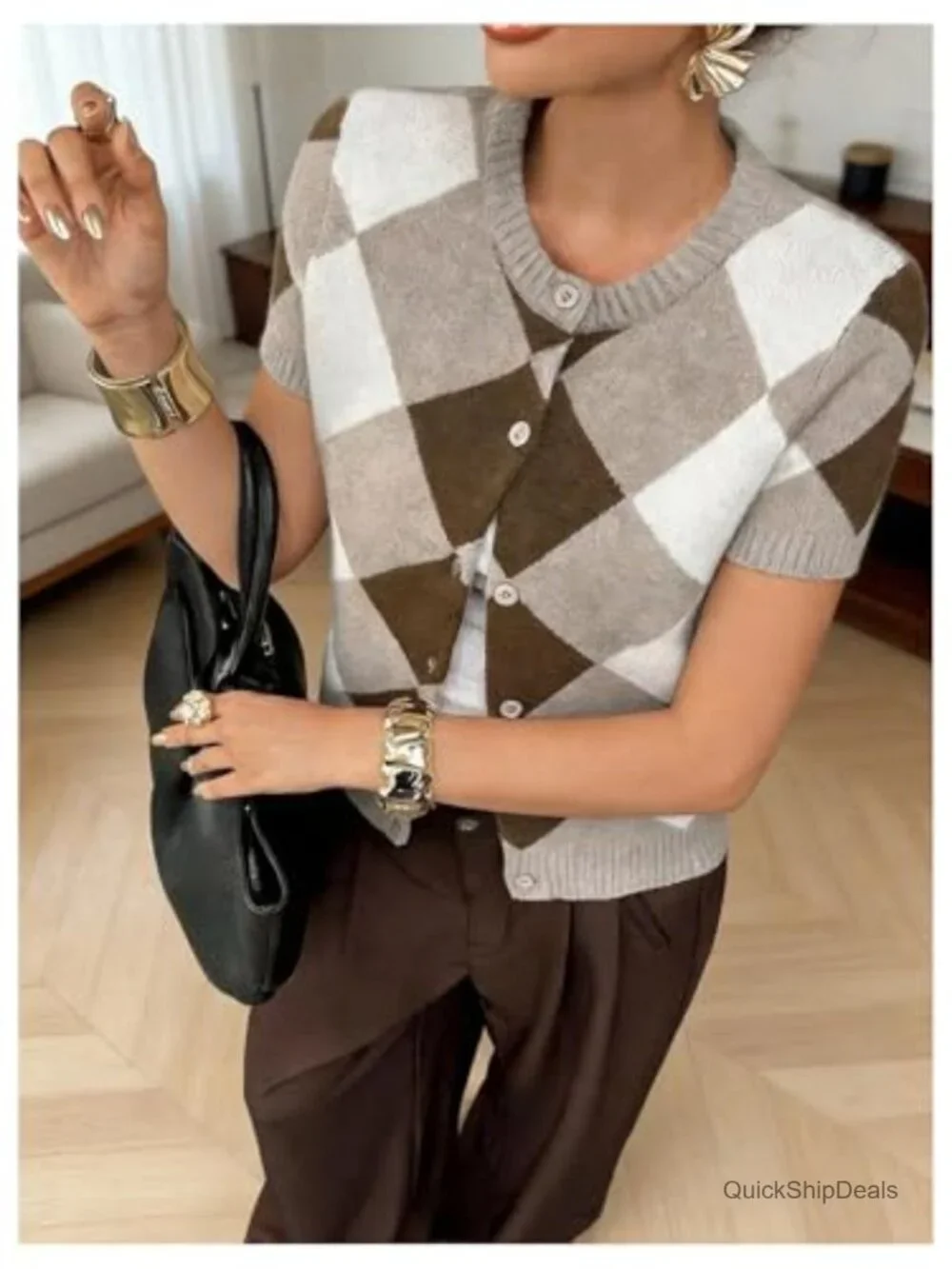 Short Sleeve Button Up Cardigan Sweater Argyle Knit Top